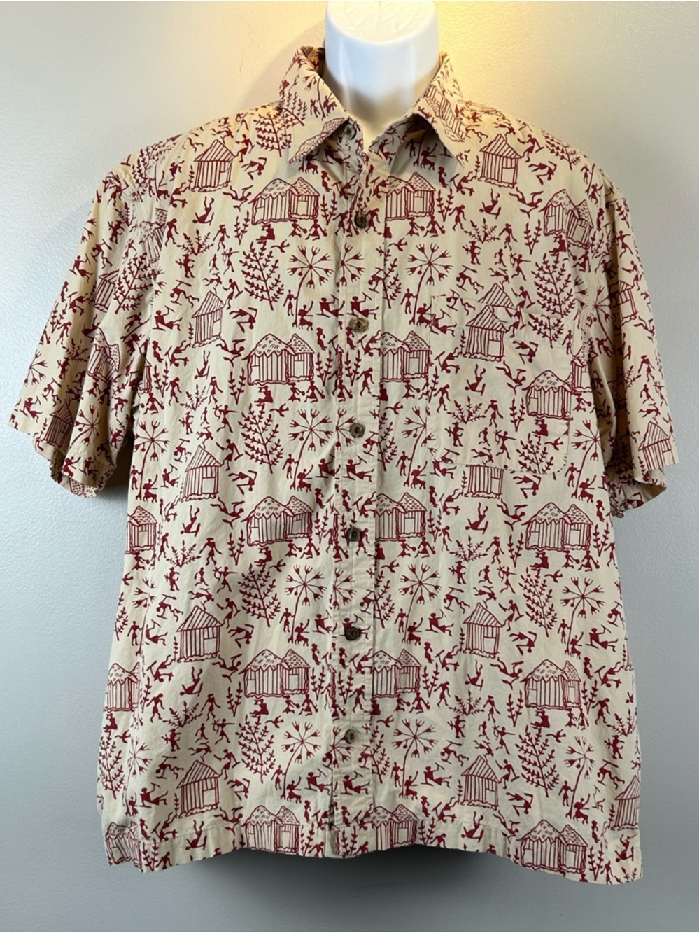 Orvis Short Sleeve Shirt Mens XL Red Cream Tribal Print Button Up‎ Cotton Casual